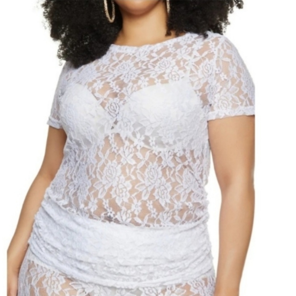 Plus Size Cover-up Lace Top and Short Set